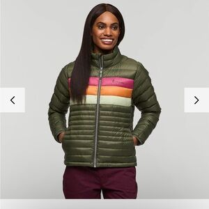 Cotopaxi Women's Olive Green Down Jacket with Pink and Orange Accents, Size M